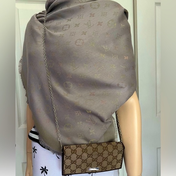 GG Canvas & Brown Leather Long Wallet with Chain